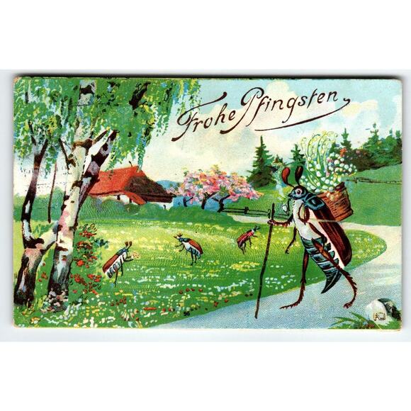 Bug & Walking Stick Frohe Pfingsten Fantasy Postcard Cockroach Anthropomorphic - Picture 1 of 2